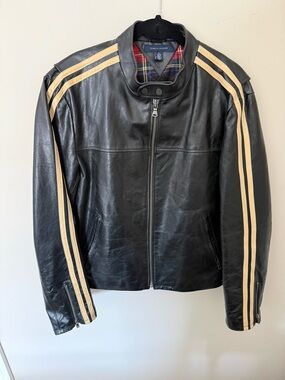 Tommy Hilfiger Black Leather Racing Jacket with Beige Stripes Mens Size XXL